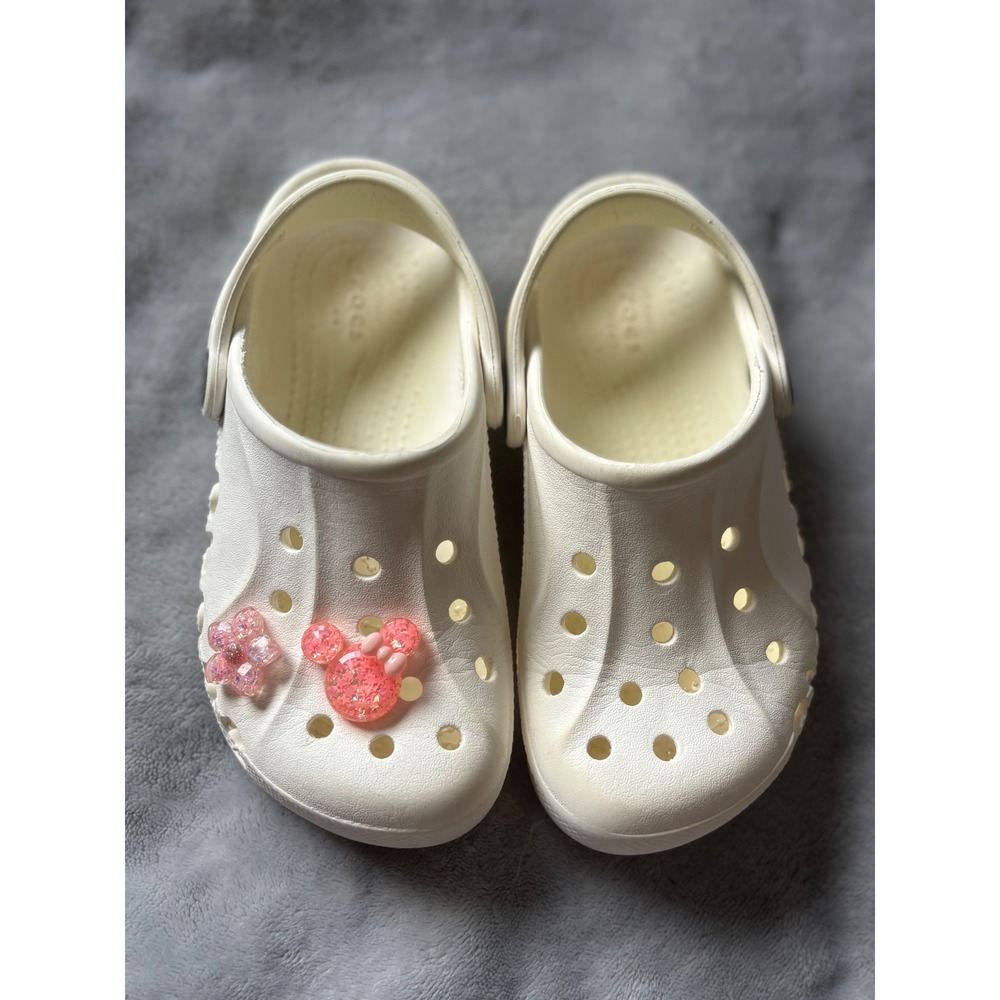 Crocs Classic Clogs White Slip On Shoes with Pink Glitter Charms Size 11 Kids